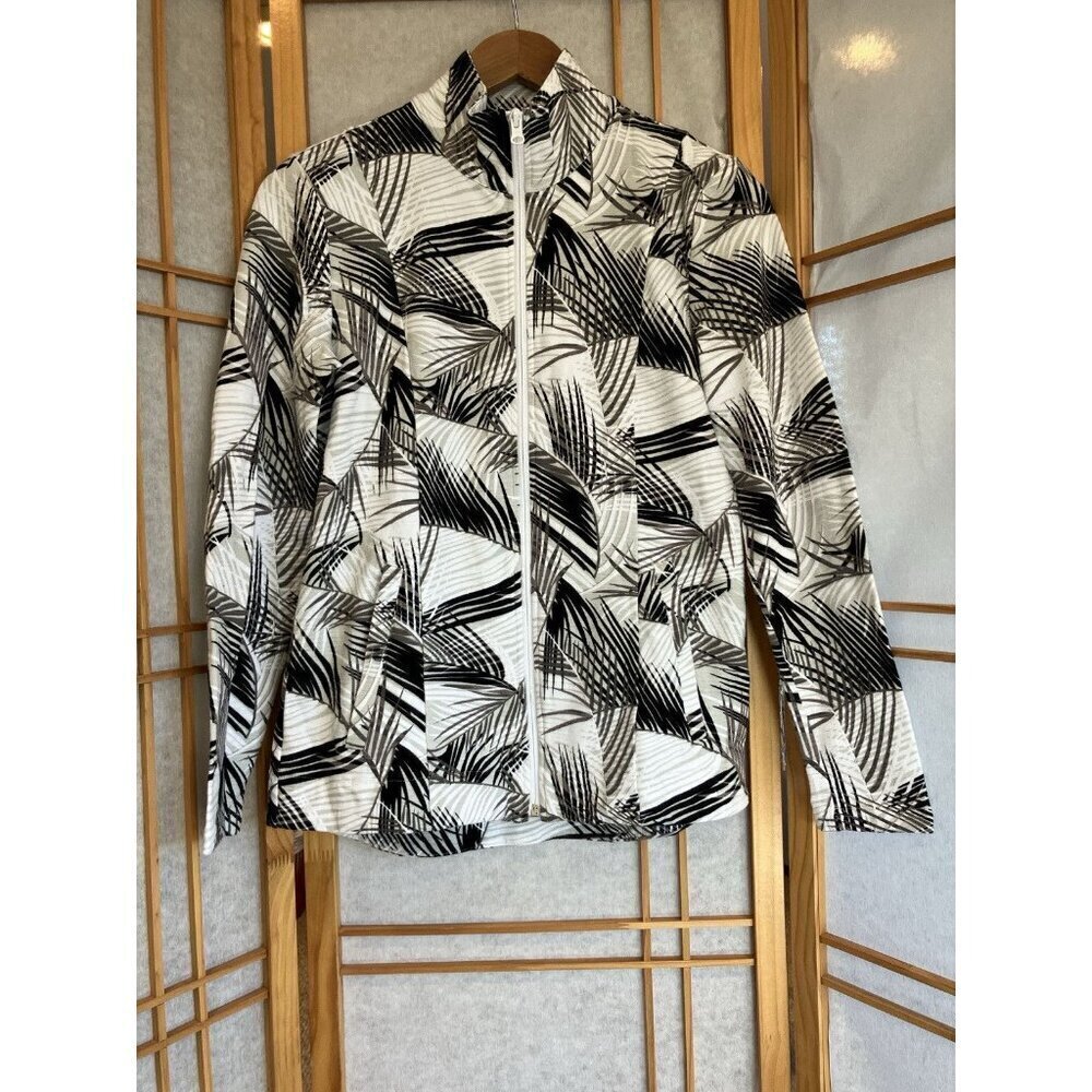 T By Talbots Mockneck Black, white, gray Palm Print Active Zip Jacket XS, UPF 50 - Picture 9 of 10